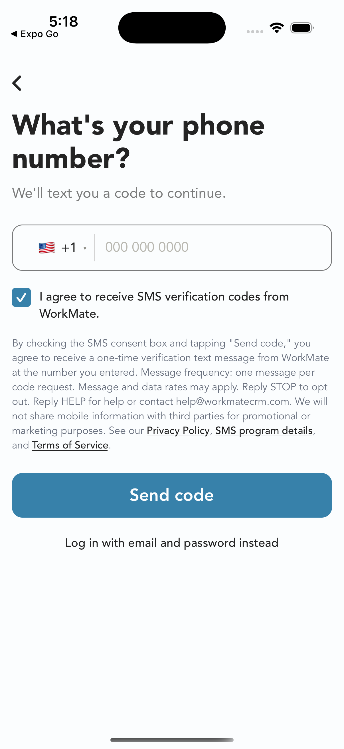 WorkMate phone-number screen after selecting SMS consent, showing the checked checkbox, full disclosure and policy links, and Send code button