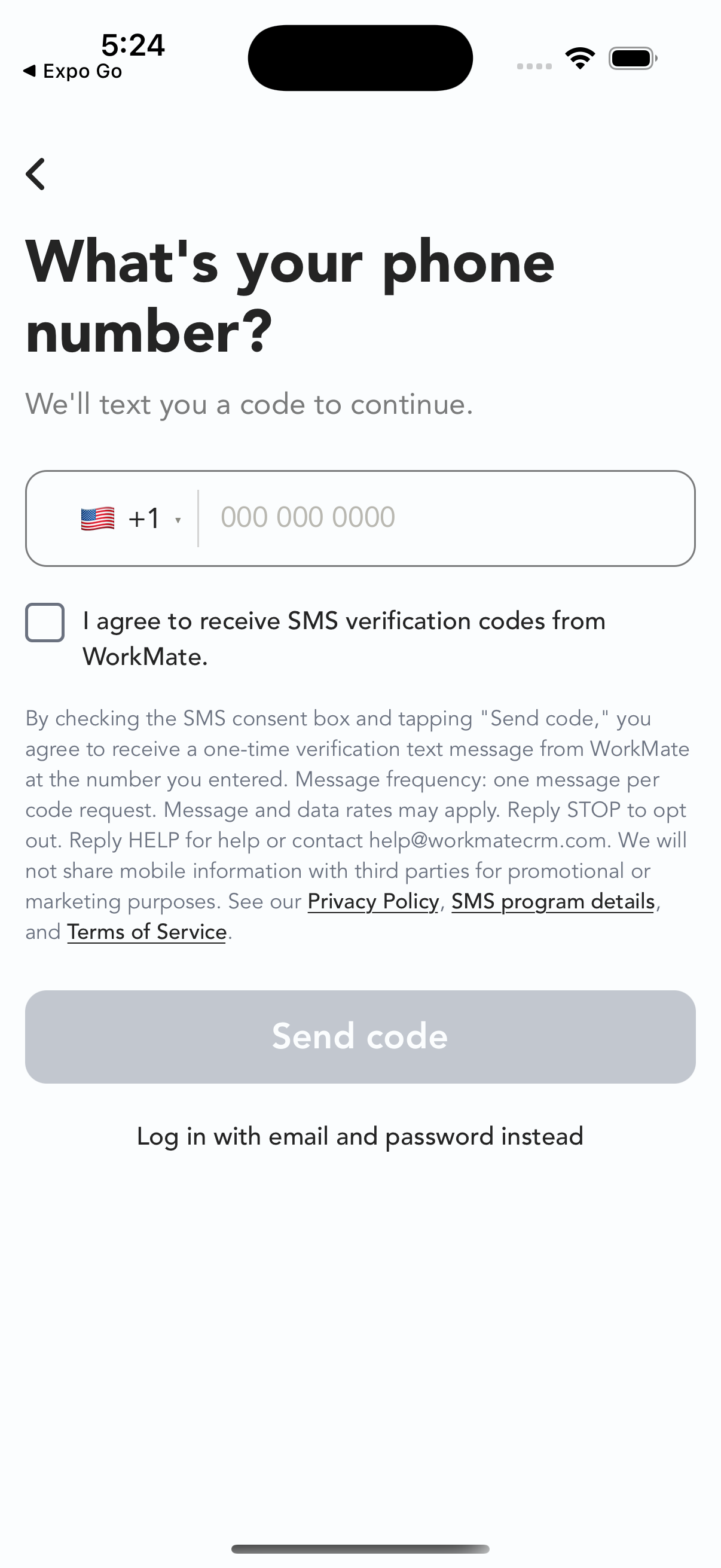WorkMate phone-number screen with SMS consent unchecked by default, full SMS disclosure and policy links, and a greyed-out disabled Send code button